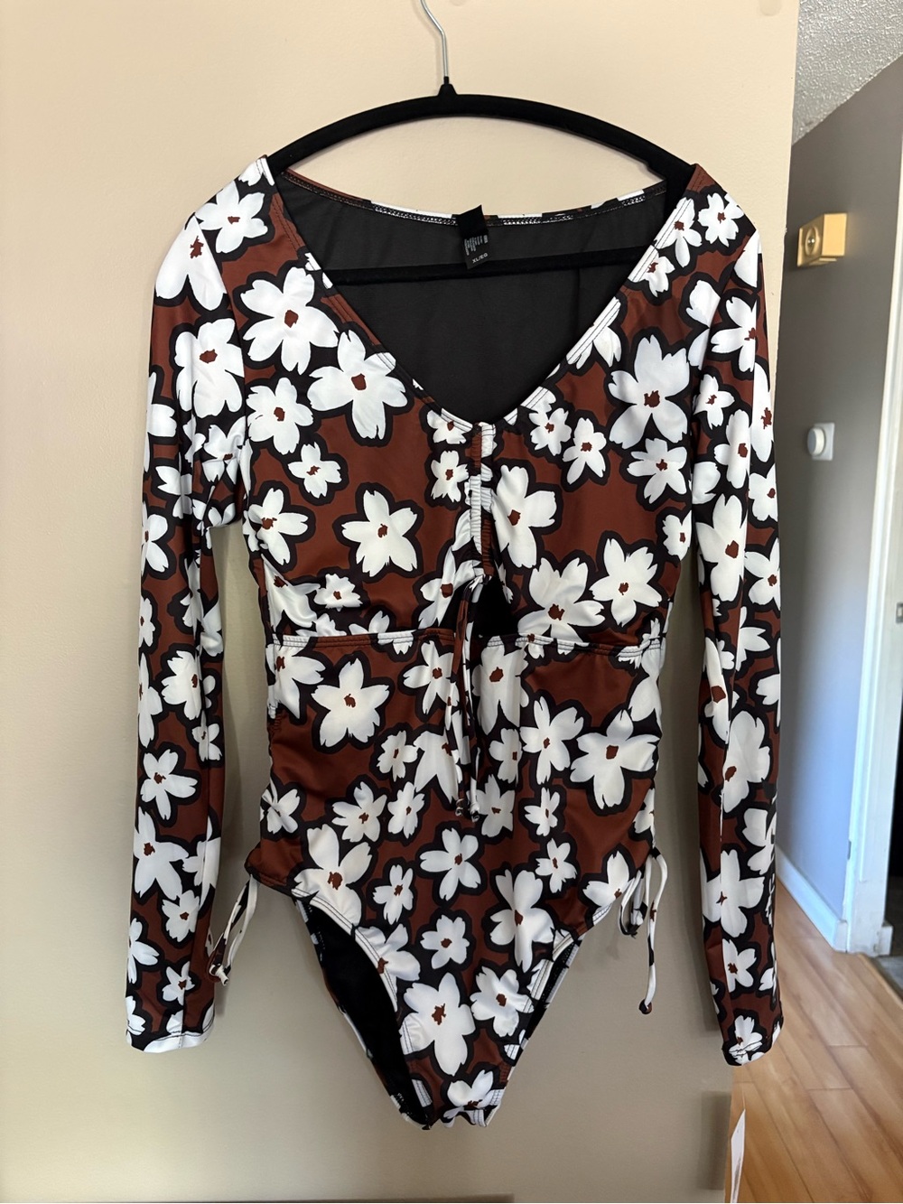 Hurley Brown and White Floral Long-Sleeve One-Piece